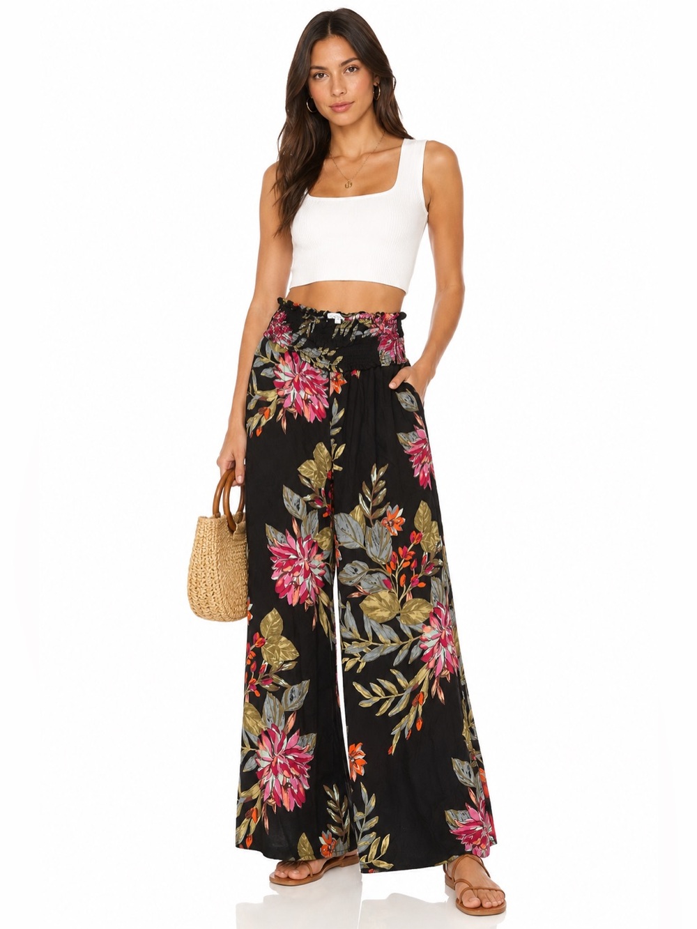 Patrons of Peace Black Wide-Leg Pants with Pink & Green Floral Print